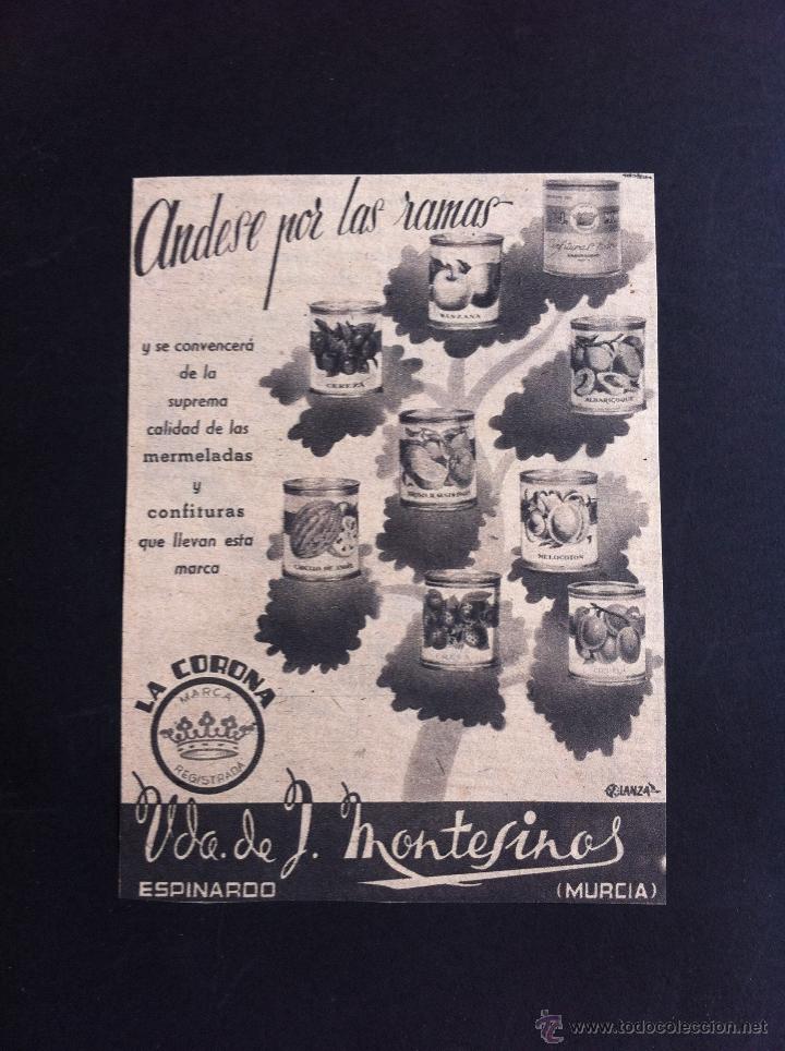 Catalogues publicitaires: RECORTE PUBLICITARIO (D&Eacute;CADA 1950) LA CORONA, MERMELADAS  (VDA. DE MONTESINOS, ESPINARDO, MURCIA)