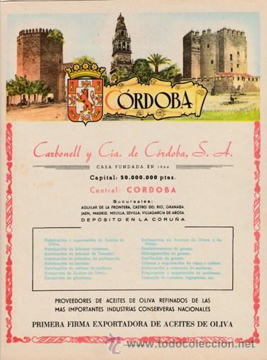 Cat&aacute;logos publicitarios: PORTADA LISTIN TELEFONICO PROVINCIA CORDOBA - PUBL. ACEITE CARBONELL - FOTO MAPA AL DORSO -  A&Ntilde;OS 50