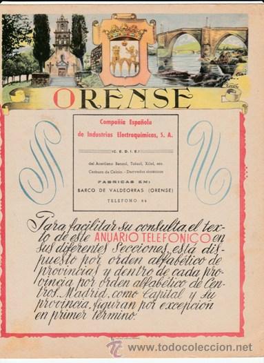 Advertising Catalogs: PORTADA LISTIN TELEFONICO PROV. ORENSE - PUBL CIA ESP&Ntilde; INDUST ELECTRQM -MAPA AL DORSO -FOTO -A&Ntilde;OS 50