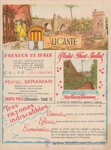 Cat&aacute;logos publicitarios: PORTADA LISTIN TELEFONICO PROV. ALICANTE - PUBL. HOTEL MIRAMAR / VARIAS -MAPA AL DORSO-FOTO -A&Ntilde;OS 50