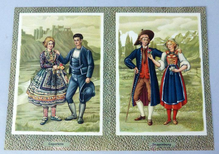 Werbekataloge: 2 l&aacute;minas Trajes y paisajes Espa&ntilde;a y Suiza Lagartera Taggenburg publicidad farmarcia Roche
