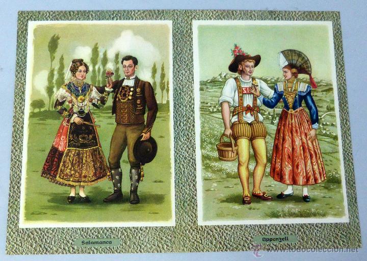 Werbekataloge: 2 l&aacute;minas Trajes y paisajes Espa&ntilde;a y Suiza Salamanca Oppenzell publicidad farmarcia Roche