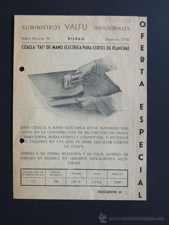 Cat&aacute;logos publicit&aacute;rios: SUMINISTROS INDUSTRIALES VALFU / CIZALLAS - BROCAS - LIMAS / TARIFAS / BILBAO 1956