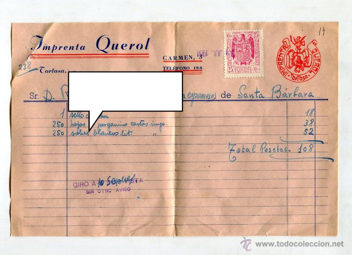 Cat&aacute;logos publicitarios: TORTOSA IMPRENTA QUEROL A&Ntilde;O 1951 FACTURA + LETRA + SOBRE CON MEMBRETE Y FRANQUEO