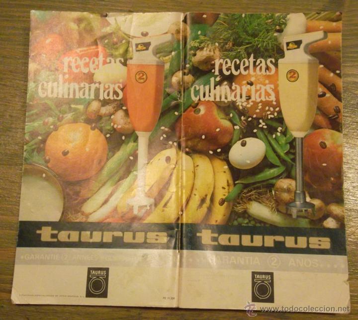 Cat&aacute;logos publicitarios: Recetas culinarias batidora Taurus ca. 1970 Quadriling&uuml;e; bon estat, v foto