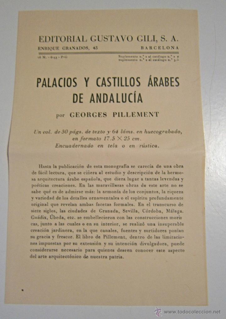 Cat&aacute;logos publicitarios: HOJA PUBLICITARIA PALACIOS Y CASTILLOS ARABES ANDALUCIA GEORGES PILLEMENT -EDITORIAL GUSTAVO GILI