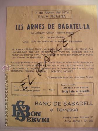 Cat&aacute;logos publicit&aacute;rios: CATALOGO - DEL CINEMA REGINA DE TARRASA DEL 2 DE FEBRER DEL 1974 - LAS ARMES DE BAGATEL-LA -