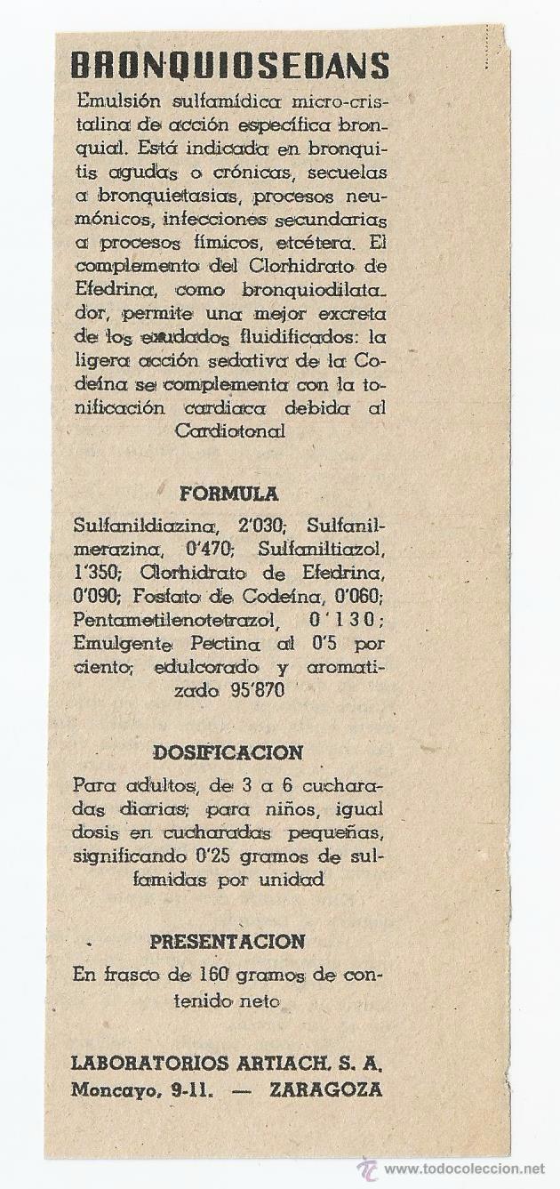 Cat&aacute;logos publicitarios: Anuncio medicamento BRONQUIOSEDANS, extra&iacute;do de un libro del a&ntilde;o 1958