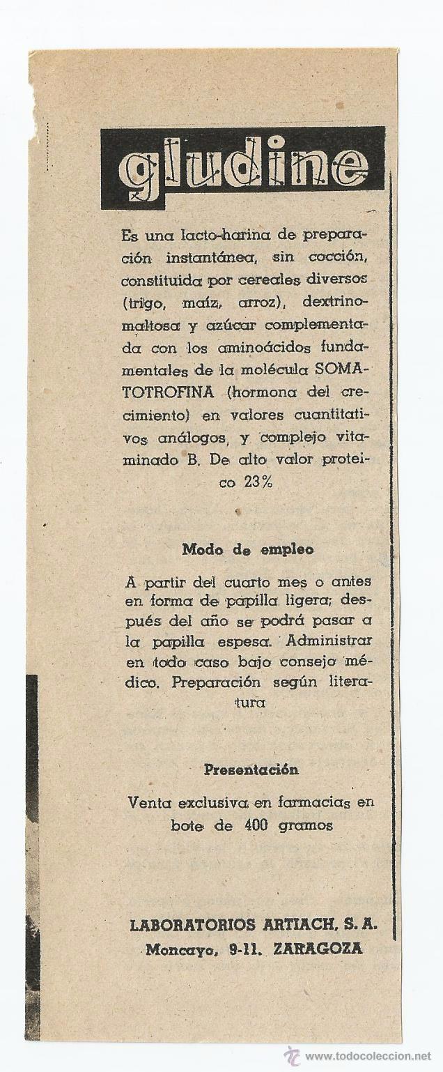 Cat&aacute;logos publicitarios: Anuncio medicamento GLUDINE, extra&iacute;do de un libro del a&ntilde;o 1958
