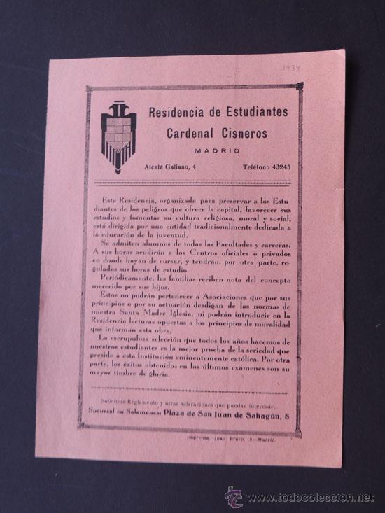 Cat&aacute;logos publicit&aacute;rios: RESIDENCIA DE ESTUDIANTES - CARDENAL CISNEROS / MADRID A&Ntilde;OS 30 / SUCURSAL EN SALAMANCA