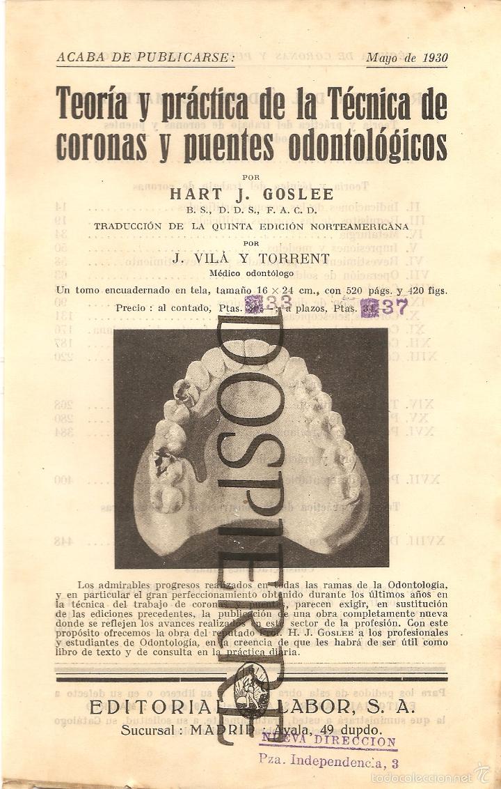 Cat&aacute;logos publicitarios: PUBLICIDAD, EDITORIAL LABOR, TEOR&Iacute;A Y PR&Aacute;CTICA DE LA T&Eacute;CNICA DE CORONAS Y PUENTES ODONTOL&Oacute;G, A&Ntilde;OS 30