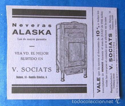 Cat&aacute;logos publicitarios: NEVERAS ALASKA. V. SOCIATS. HOJA PUBLICITARIA CON VALE DE DESCUENTO. BARCELONA, 1933