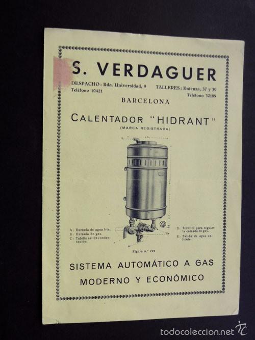 Werbekataloge: FOLLETO PUBLICIDAD / CALENTADOR HIDRANT A GAS / S.VERDAGUER - BARCELONA