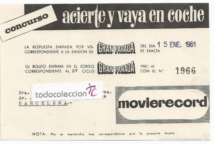 Cat&aacute;logos publicitarios: TARJETA CONCURSO MOVIERECORD *ACIERTE Y VAYA EN COCHE* PROGRAMA TVE, *GRAN PARADA*, A&Ntilde;O 1961