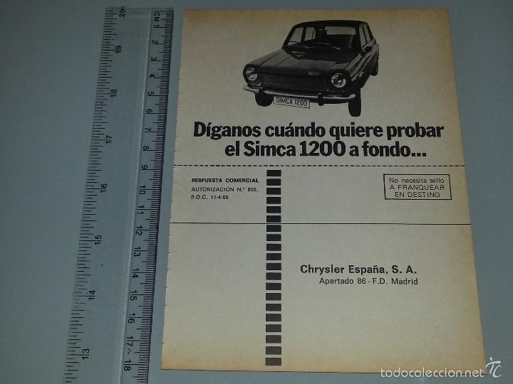 Cat&aacute;logos publicitarios: ANTIGUA HOJA PUBLICITARIA PUBLICIDAD RESPUESTA COMERCIAL COCHE SIMCA 1200 CHRYSLER A&Ntilde;OS 60 / 70