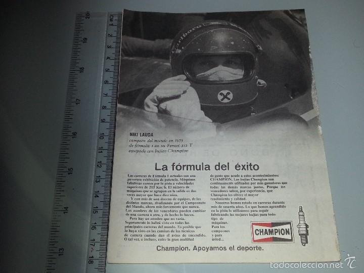 Cat&aacute;logos publicitarios: ANTIGUA HOJA PUBLICITARIA - PUBLICIDAD DE BUJIAS CHAMPION - FORMULA 1 - NIKI LAUDA FERRARI A&Ntilde;O 1975