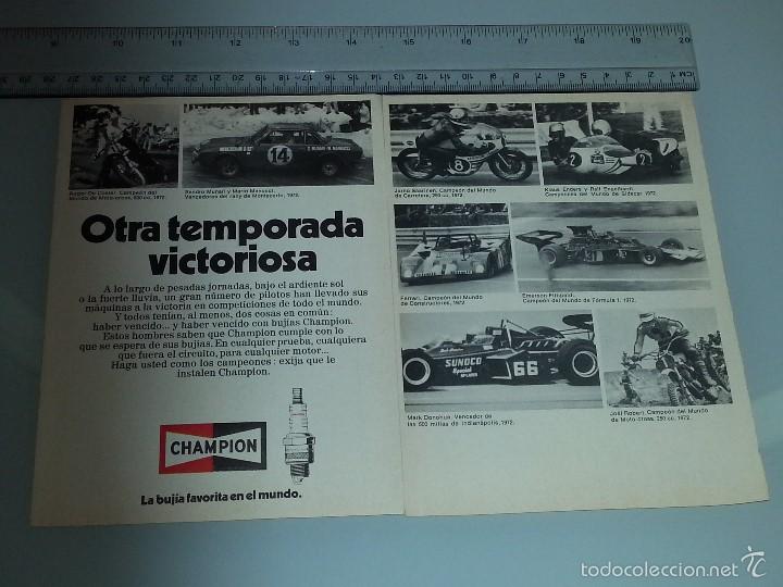 Cat&aacute;logos publicitarios: ANTIGUA HOJA PUBLICITARIA ANUNCIO DE BUJIAS CHAMPION A&Ntilde;OS 70 FERRARI , FITIPALDI , JARNO SAARINEN ,