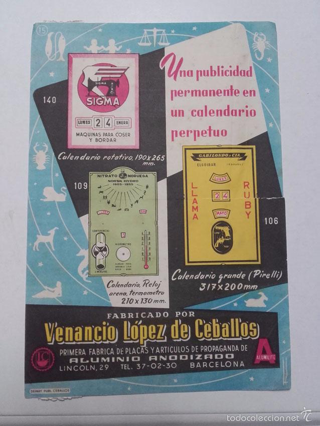 Cat&aacute;logos publicitarios: VENANCIO LOPEZ DE CEDALLOS, PUBLICIDAD EN ALUMINIO, PROPAGANDA CALENDARIO, BARCELONA, A&Ntilde;OS 50.