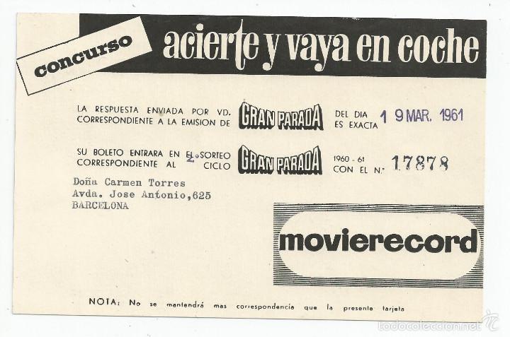 Cat&aacute;logos publicitarios: TARJETA CONCURSO MOVIERECORD *ACIERTE Y VAYA EN COCHE* PROGRAMA TVE GRAN PARADA, A&Ntilde;O 1961