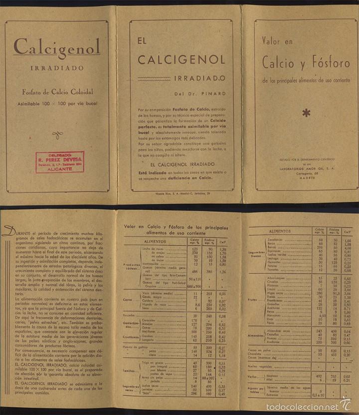 Cat&aacute;logos publicitarios: FOLLETO FARMACIA CALCIGENOL Dr. PINARD LABORATORIOS AMOR GIL Triptico con tabla contenido de calcio