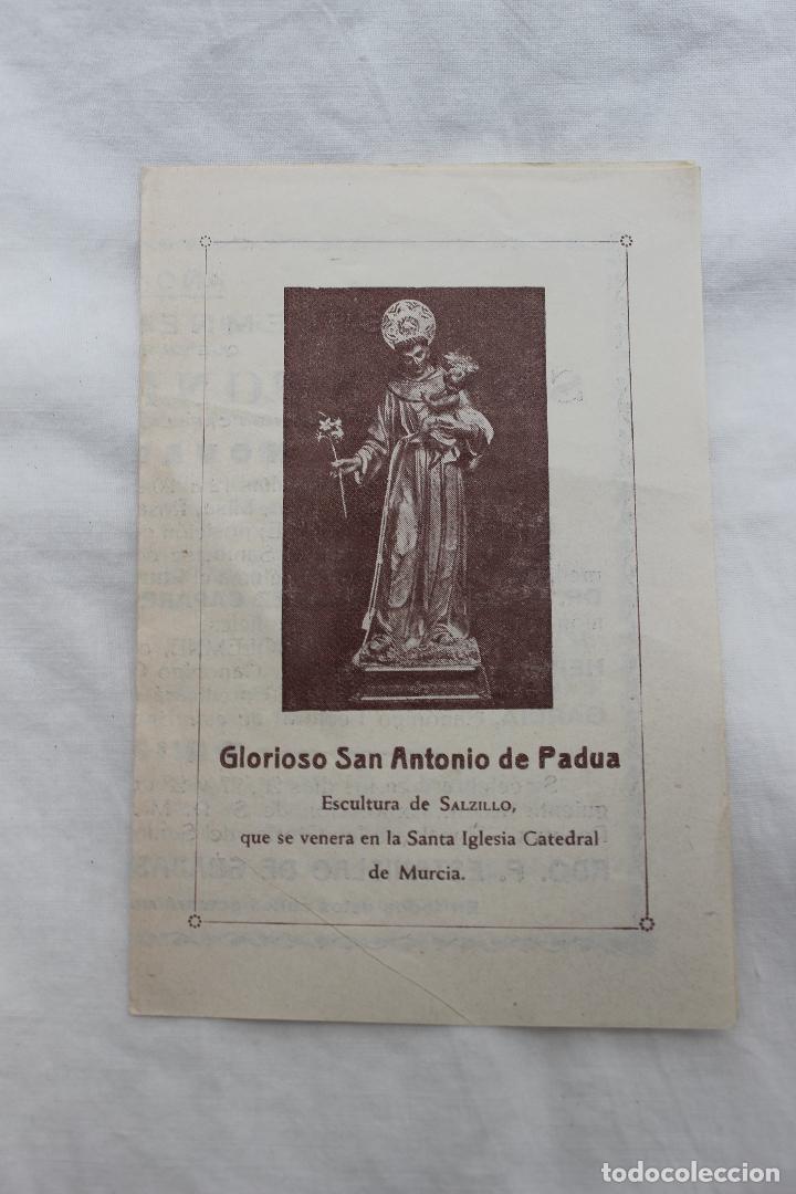 Cat&aacute;logos publicitarios: ESTAMPA DE SAN ANTONIO DE PADUA, ESCULTURA SALZILLO, SE VENERA EN LA SANTA CATEDRAL DE MURCIA, 1940