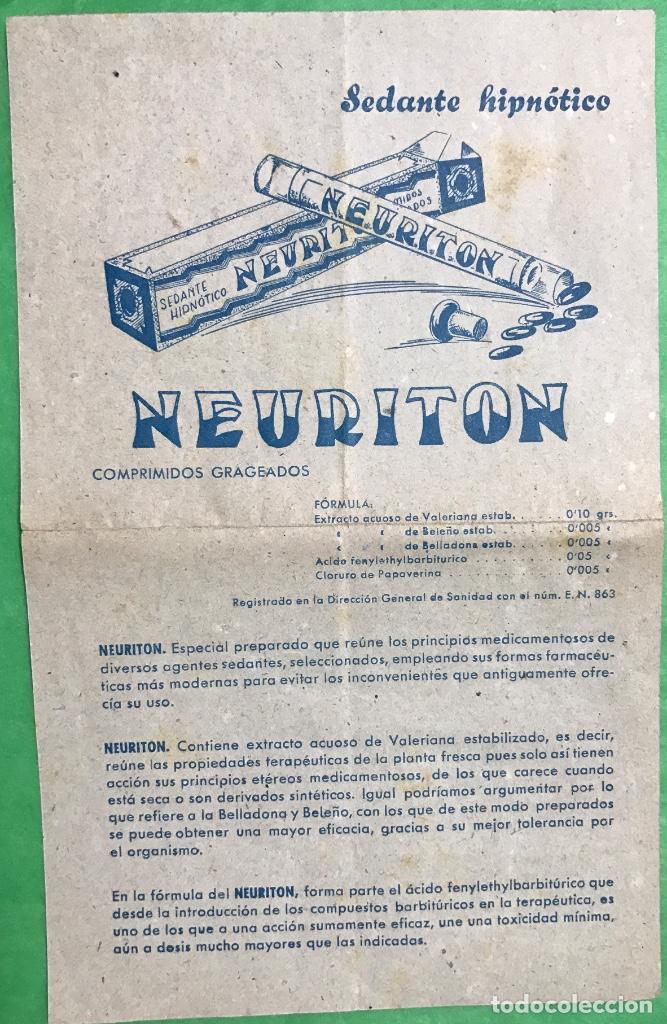 Cataloghi pubblicitari: Folleto o prospecto de neuriton - Sedante hipn&oacute;tico - Laboratorios Level (Barcelona)