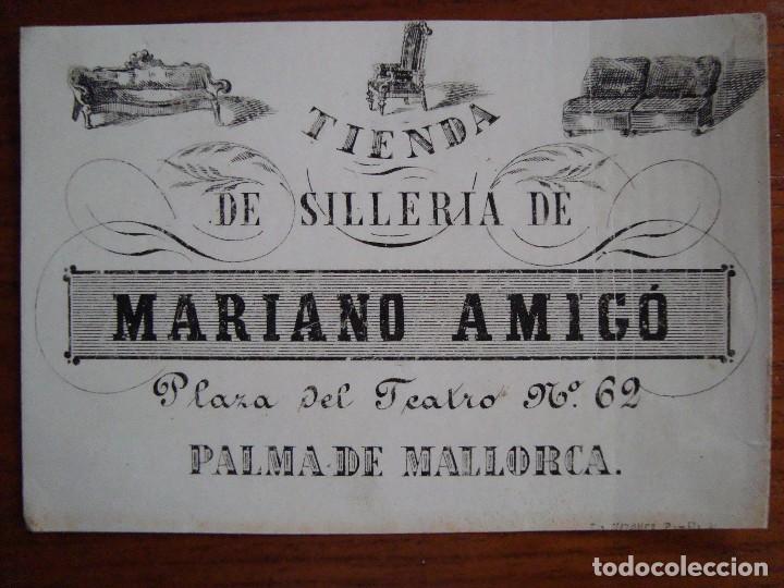 Werbekataloge: TARJETA PUBLICITARIA TIENDA DE SILLERIA MARIANO AMIG&Oacute;. PALMA DE MALLORCA. HACIA 1930.