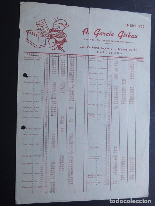 Cat&aacute;logos publicit&aacute;rios: UTENSILIOS DOMESTICOS / TARIFA PRECIOS 1958 / A. GARCIA GIRBAU / BARCELONA