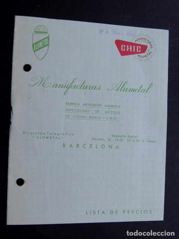 Cat&aacute;logos publicit&aacute;rios: FABRICA DE ARTICULOS ALUMINIO / UTENSILIOS DOMESTICOS / ALUMETAL - CHIC / PRECIOS / BARCELONA 1957