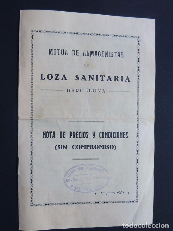 Cat&aacute;logos publicit&aacute;rios: MUTUA DE ALMACENISTAS DE LOZA SANITARIA - BARCELOBNA A&Ntilde;O 1931 / NOTA DE PRECIOS Y CONDICIONES