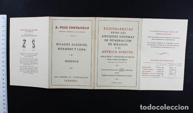 Werbekataloge: CUADRIPTICO A.PEIG FONTANALS SABADELL, EQUIVALENCIAS ANTIGUOS SISTEMAS NUMERACION HILADOS Y METRICO