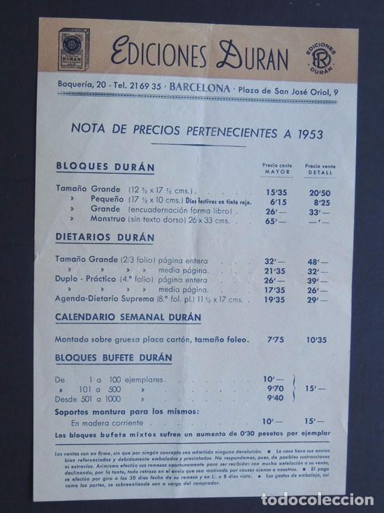 Cat&aacute;logos publicit&aacute;rios: EDICIONES DURAN / TARIFA DE PRECIOS A&Ntilde;O 1953 / DIETARIOS DURAN / BARCELONA