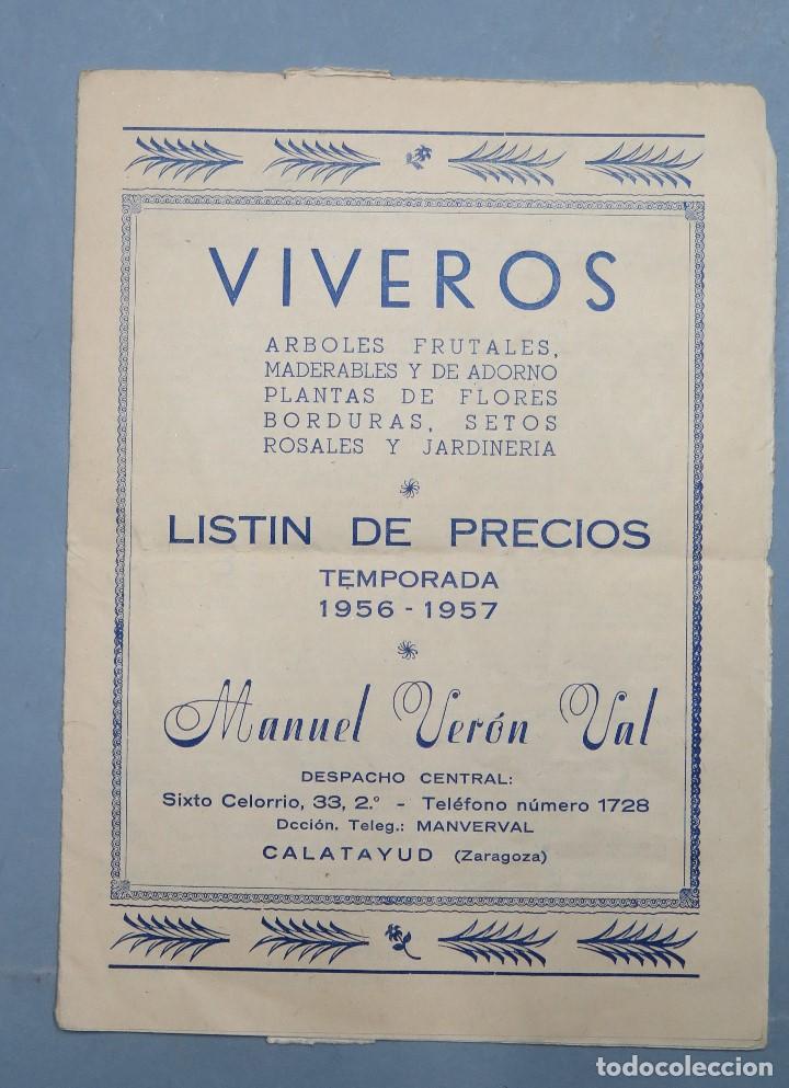 Catalogues publicitaires: LISTIN PRECIOS. VIVEROS. MANUEL VERON. 1956-57. CALATAYUD. ZARAGOZA