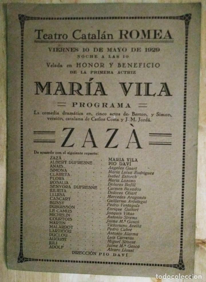 1929 Programa comedia dramática ZAZÀ María Vila. Pio Davi. Teatre català. Teatro catalán. Romea