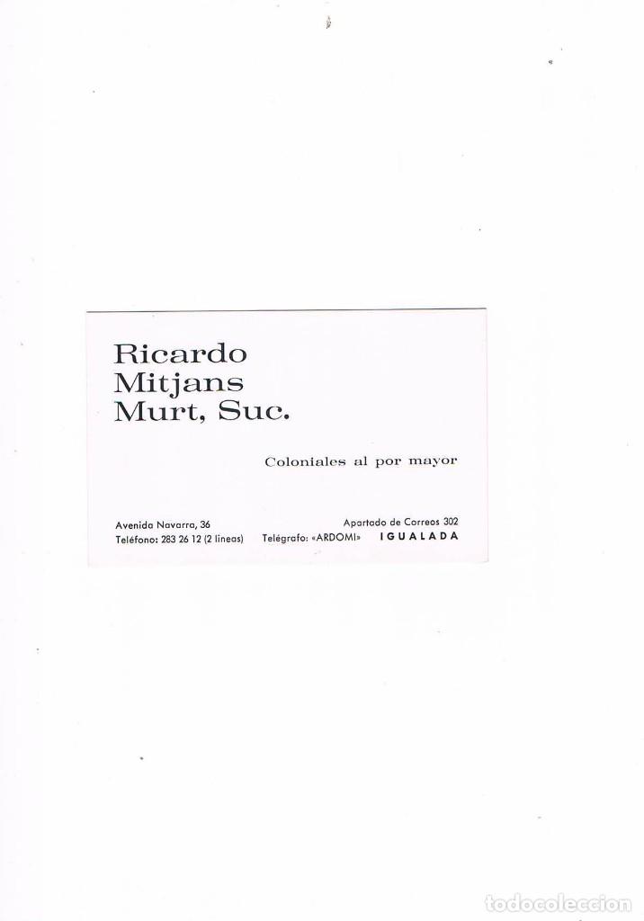 Cat&aacute;logos publicit&aacute;rios: TARJETA VISITA RICARDO MITJANS MURT SUC COLONIALES AL POR MAYOR IGUALADA