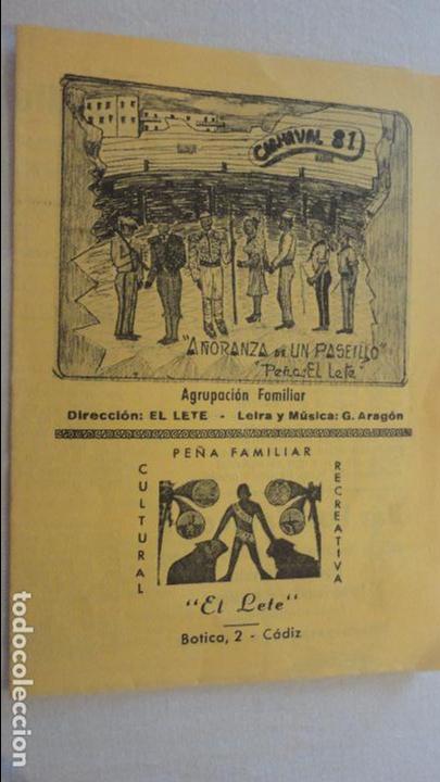 Cat&aacute;logos publicitarios: CARNAVAL DE CADIZ 1981.PE&Ntilde;A FAMILIAR EL LETE.A&Ntilde;ORANZA DE UN PASEILLO.