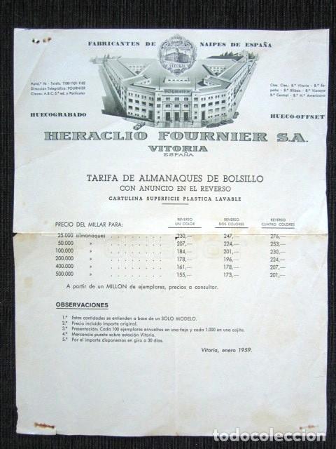Werbekataloge: PUBLICIDAD NAIPES HERACLIO FOURNIER, VITORIA 1959. TARIFA PRECIOS ALMANAQUES DE BOLSILL -CALENDARIO