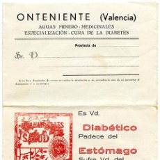 Catálogos publicitarios: ONTENIENTE (VALENCIA) AGUAS MINERO-MEDICINALES. ESPECIALIDAD CURA DIABETES. AÑOS 1930