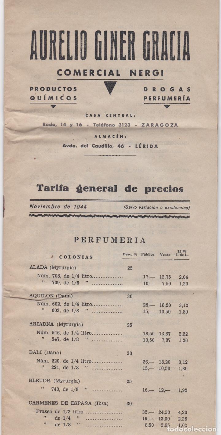 Advertising Catalogs: tarifa precios aurelio giner gracia, comercial nergi, productos quimicos, perfumeria, 1944