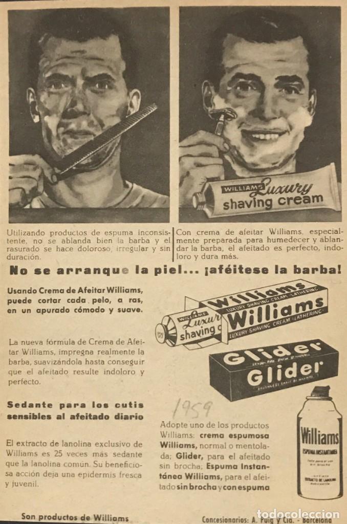 1959 Publicidad crema de afeitado Williams y Glider 18,2x25 cm