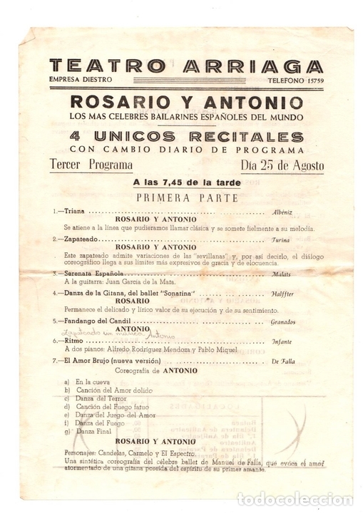 Catalogues publicitaires: PROGRAMA ACTUACION BAILARINES ROSARIO Y ANTONIO. TEATRO ARRIAGA, BILBAO. A&Ntilde;O 1952