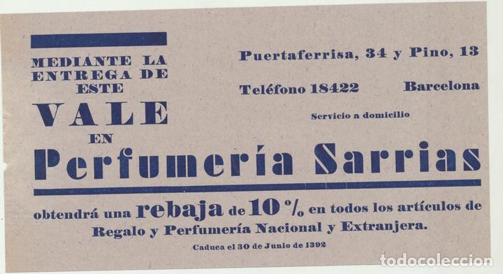 Werbekataloge: Vale Descuento (8,5x16) Perfumer&iacute;a Sarrias. Barcelona 1934?