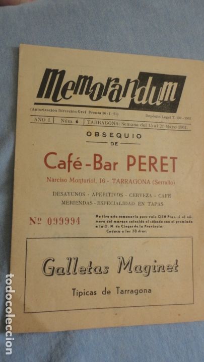 Cat&aacute;logos publicitarios: MEMORANDUM.OBSEQUIO CAFE-BAR-PERET.TARRAGONA N&ordm; 6 1961