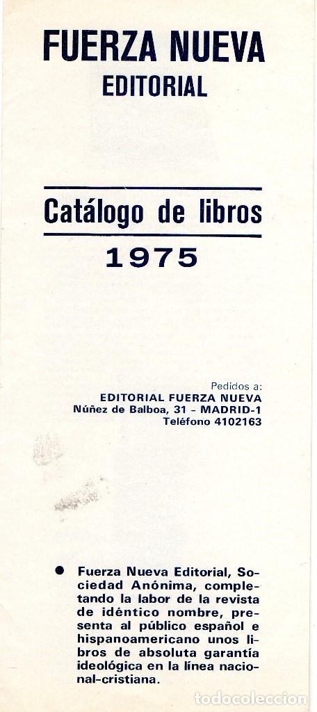 Cat&aacute;logos publicitarios: Triptico Cat&aacute;logo libros Fuerza Nueva. 1975