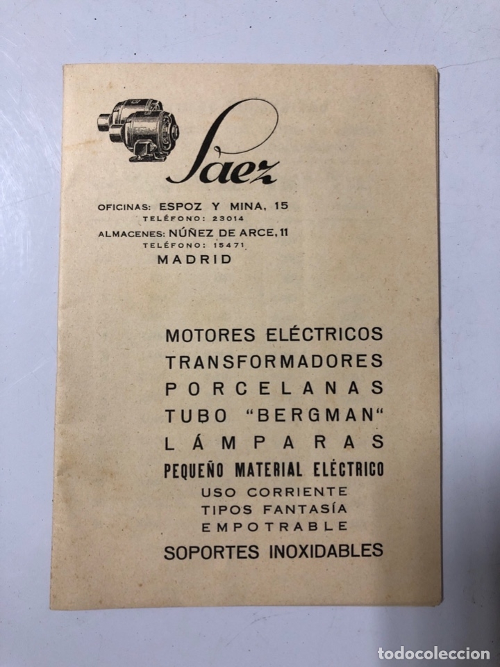 Werbekataloge: MOTORES PAEZ. MADRID. MOTORES, TRANFORMADORES. PORCELANAS. TUBOS. LISTA DE PRECIOS.