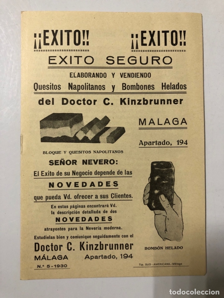 Werbekataloge: MALAGA. DOCTOR. C. KINZBRUNNER. A&Ntilde;O 1930. ELABORACION DE HELADOS.