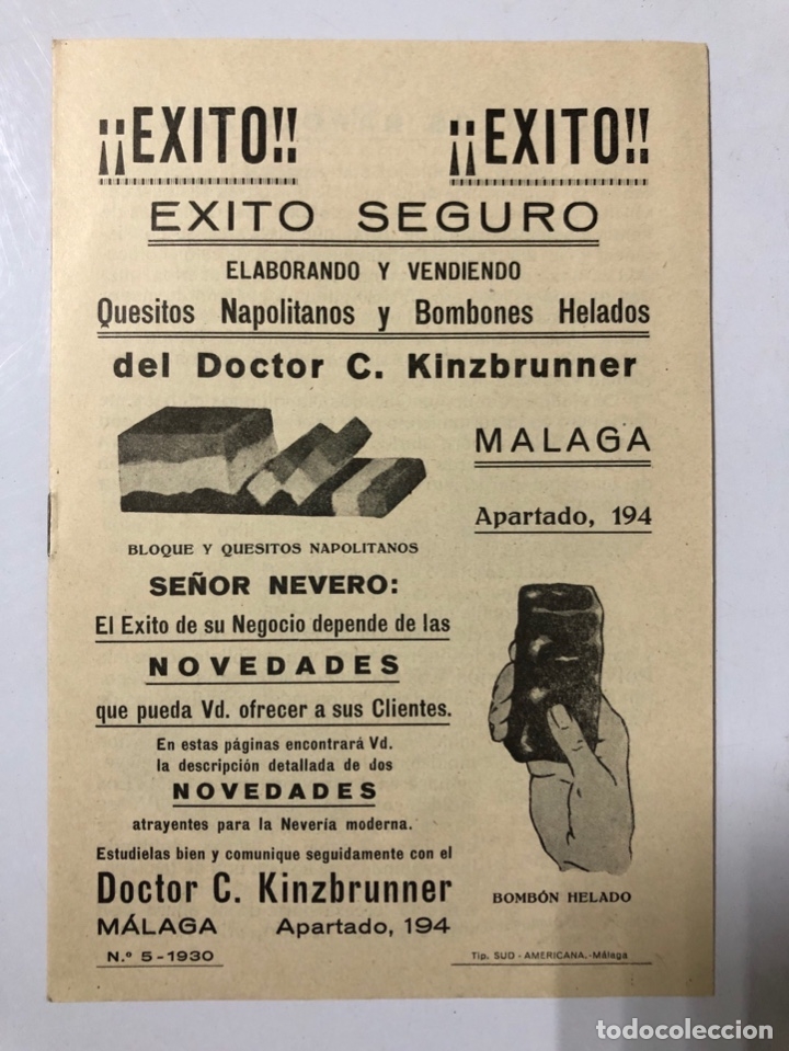 Werbekataloge: MALAGA. DOCTOR. C. KINZBRUNNER. A&Ntilde;O 1930. ELABORACION DE HELADOS.
