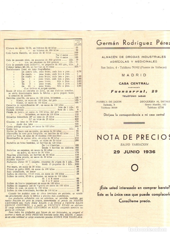 Werbekataloge: CATALOGO DE GERMAN RODRIGUEZ. ALMACEN DE DROGAS INDUSTIALES. 1936. CON NOTA DE PRECIOS. VER FOTOS.