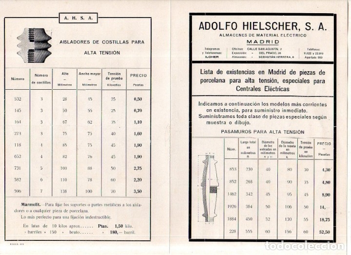 Catalogues publicitaires: CATALOGO PUBLICITARIO ADOLFO HIELSCHER.ALMACENES DE MATERIAL ELECTRICO. LISTA DE PRECIOS Y ARTICULOS