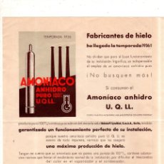 Catálogos publicitarios: CATALOGO PUBLICITARIO DE AMONIACO ANHIDRO. FABRICANTE DE HIELO. 1936. 